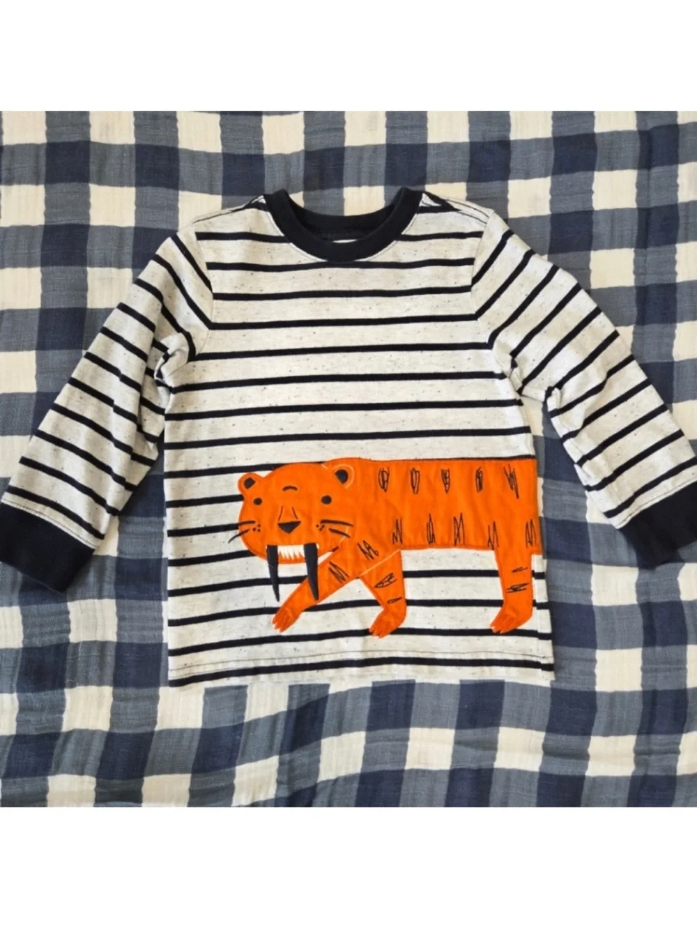 Gymboree Striped Navy & Grey Kids Long-Sleeve Top with Orange Tiger 3T